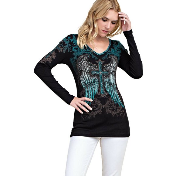 NWT VOCAL RIB THERMAL EMBELLISHED biker Harley western bling black SHIRT SM-3X - Picture 3 of 4